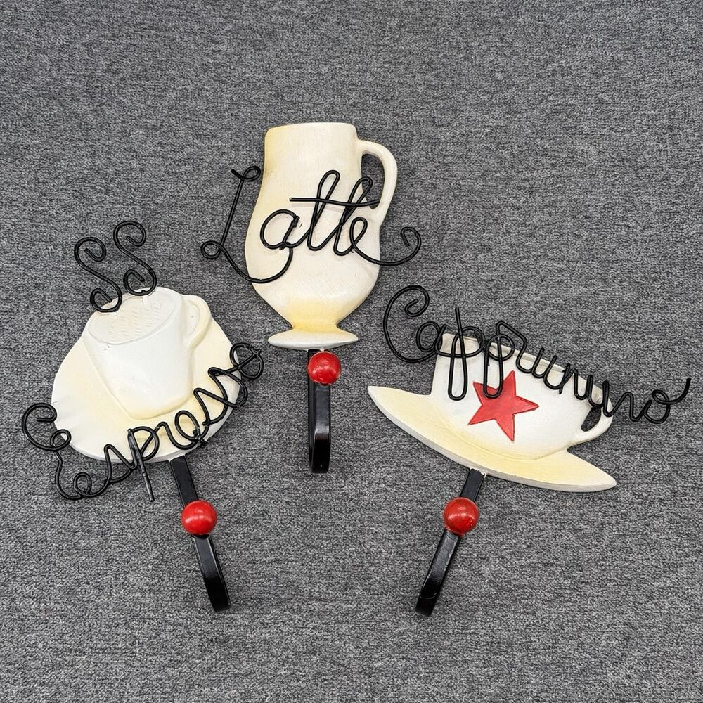 Dan DiPaolo Coffee Wall Hooks 3pc Set Espresso Latte Cappuccino Cursive Wire Art